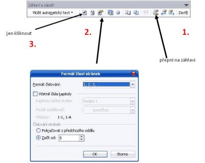 Záhlaví a zápatí - číslování stránek