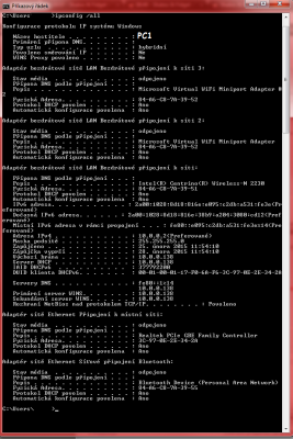 &quot;ipconfig /all&quot; z PC1