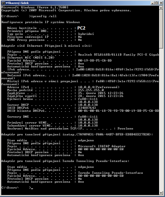 &quot;ipconfig /all&quot; z PC2
