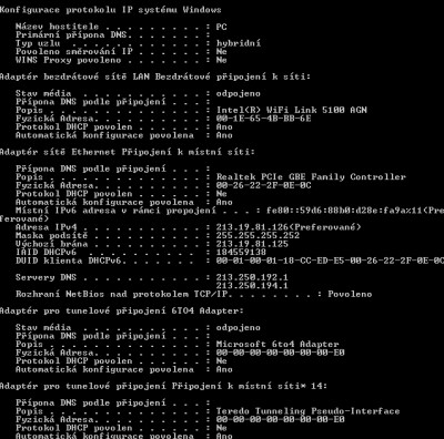 Ipconfig/all přímo přes kabel z antény a napájecí krabičky