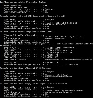 Ipconfig/all přes wifi router přes kabel