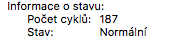 Stav baterie, počet cyklů.