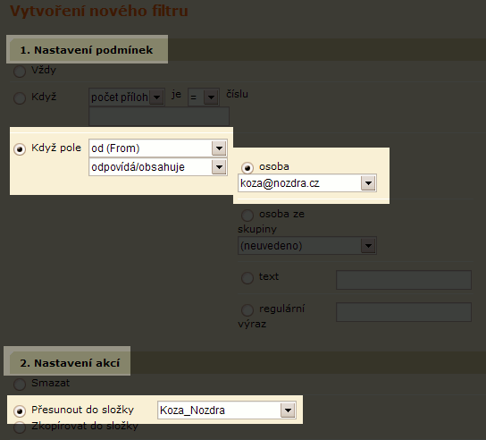 Přesun veškeré pošty od koza@nozdra.cz do složky Koza_Nozdra